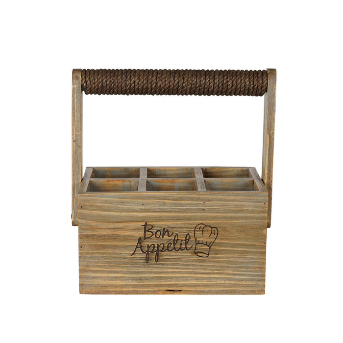 Front view of wooden crate with 'Bon Appetit' engraving and rope handle on a white background