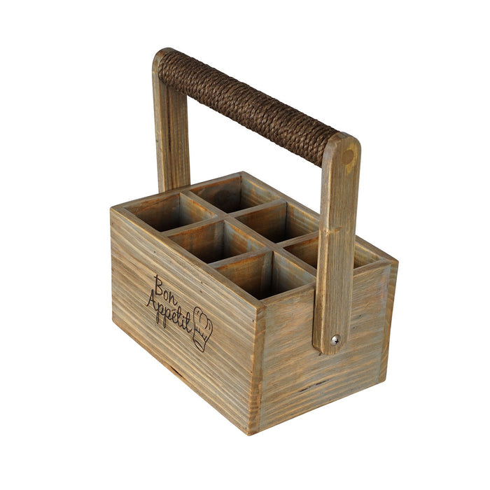 6 compartment cutlery caddy with roped handle displayed on a white background