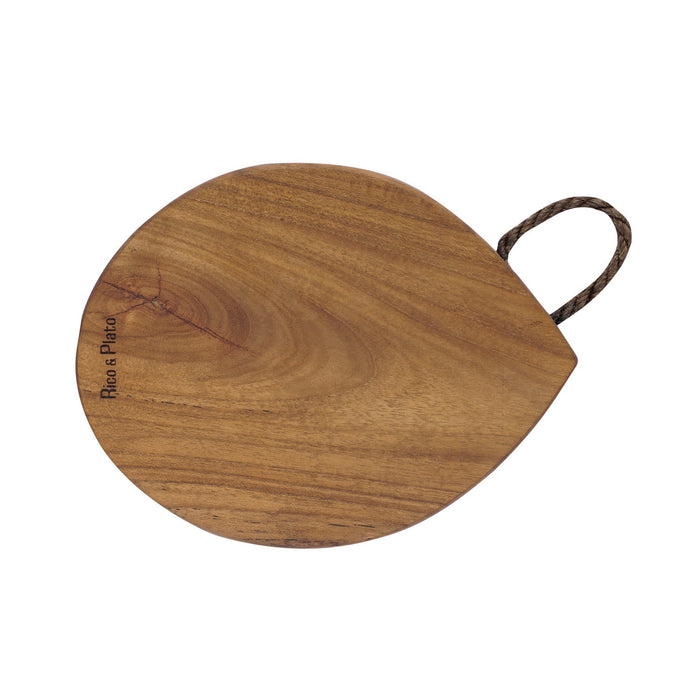 Top view of Rico & Plato limone teak cutting board serving platter with a rope handle displayed horizontally on a white background