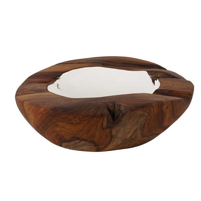 Side view of extra large teak bowl with white interior displayed on a white background
