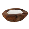 Side view of extra large teak bowl with white interior displayed on a white background