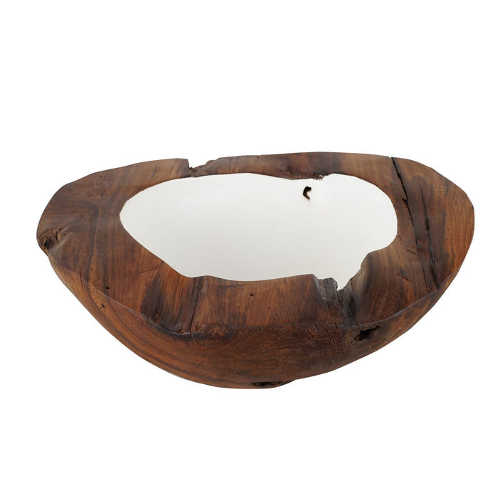 Extra large teak bowl with white interior displayed on a white background