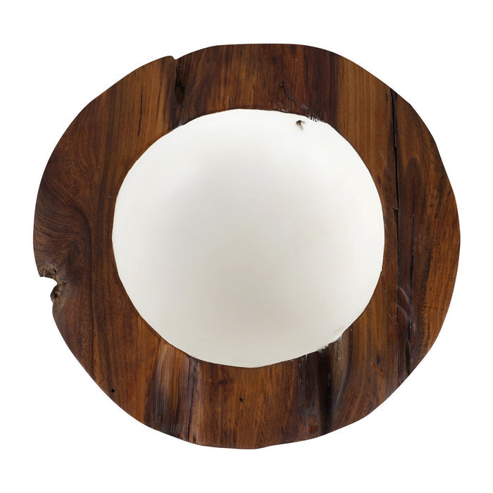 Top view of extra large teak bowl with white interior displayed on a white background