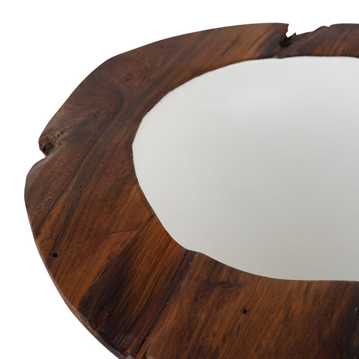 Close up to one half of extra large teak bowl with white interior displayed on a white background