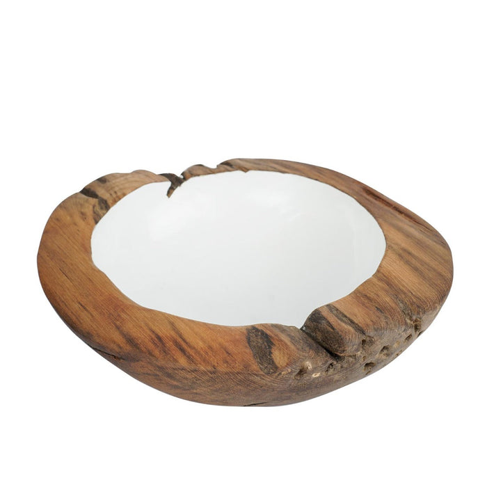 Large teak bowl with white interior displayed on a white background