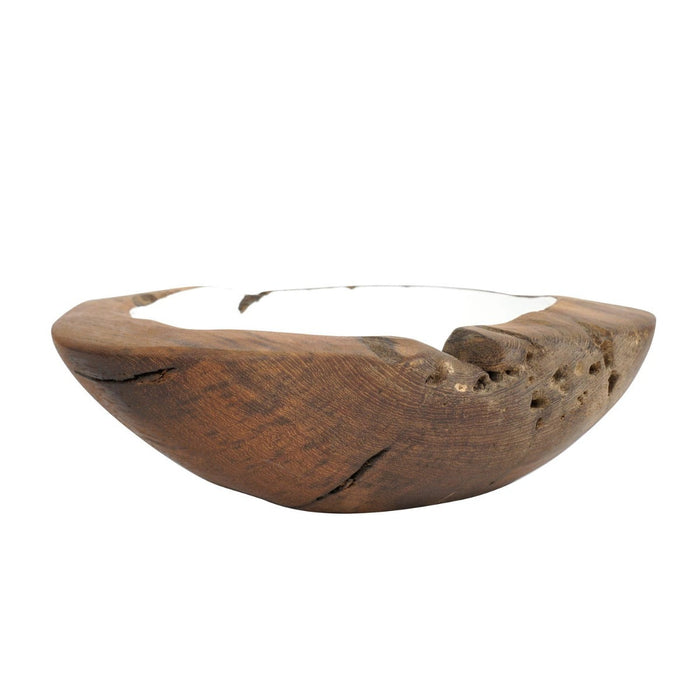 Side view of large teak bowl with white interior displayed on a white background