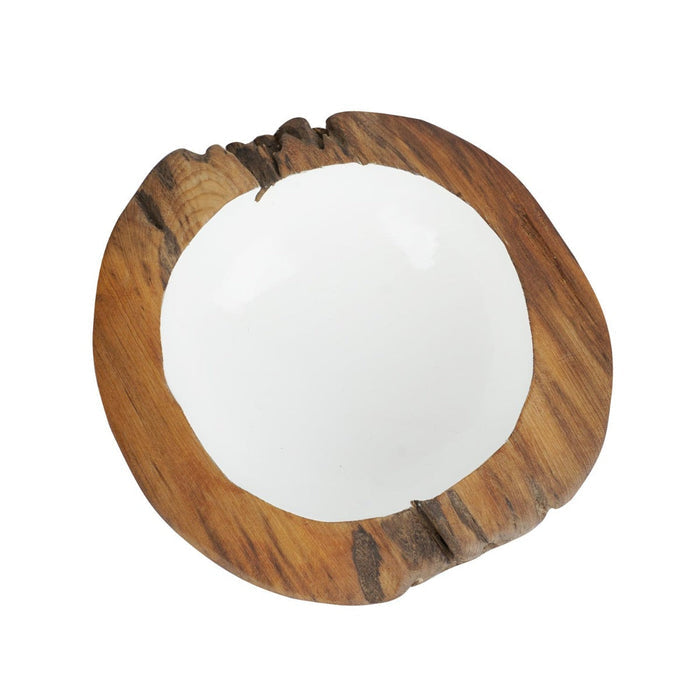 Top view of large teak bowl with white interior displayed on a white background