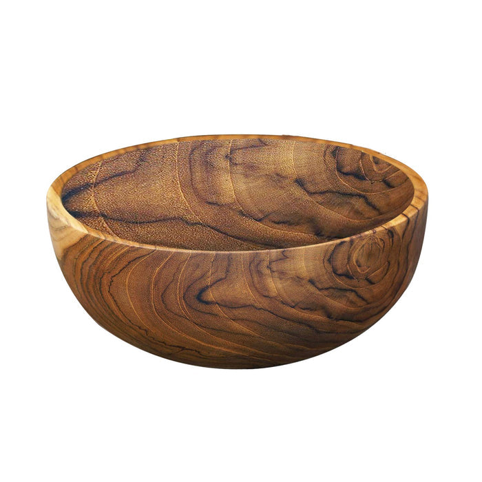 A handcrafted teak wood bowl with a vertical-sided design on a white background