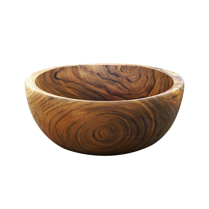 Side view of small teak bowl displayed on a white background
