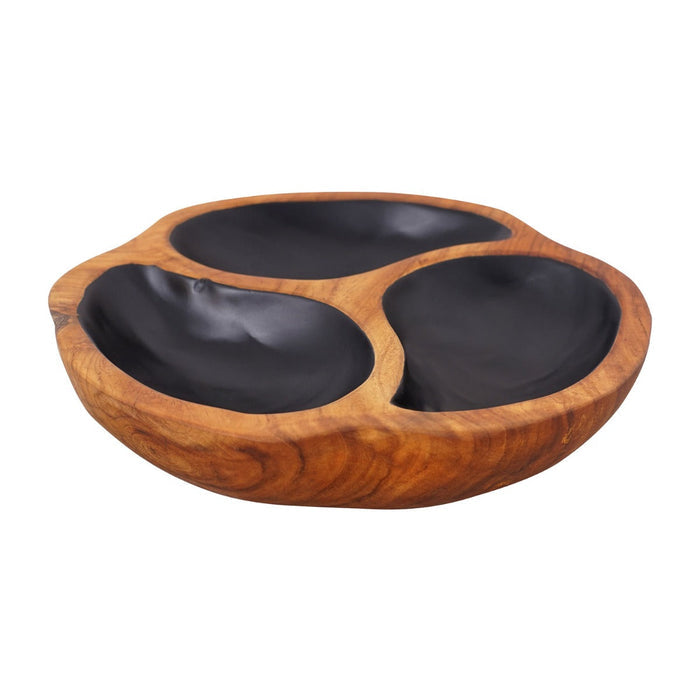 Side view of teak bowl with 3 sections of black interior displayed on a white background