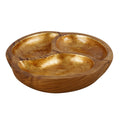 Teak bowl with 3 sections of gold leaf interior displayed on a white background
