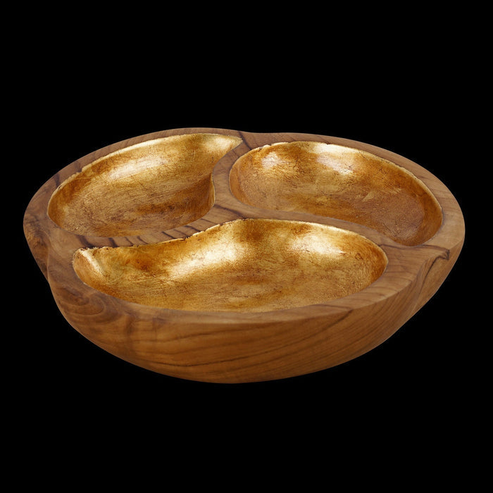 Teak bowl with 3 sections of gold leaf interior displayed on a black background