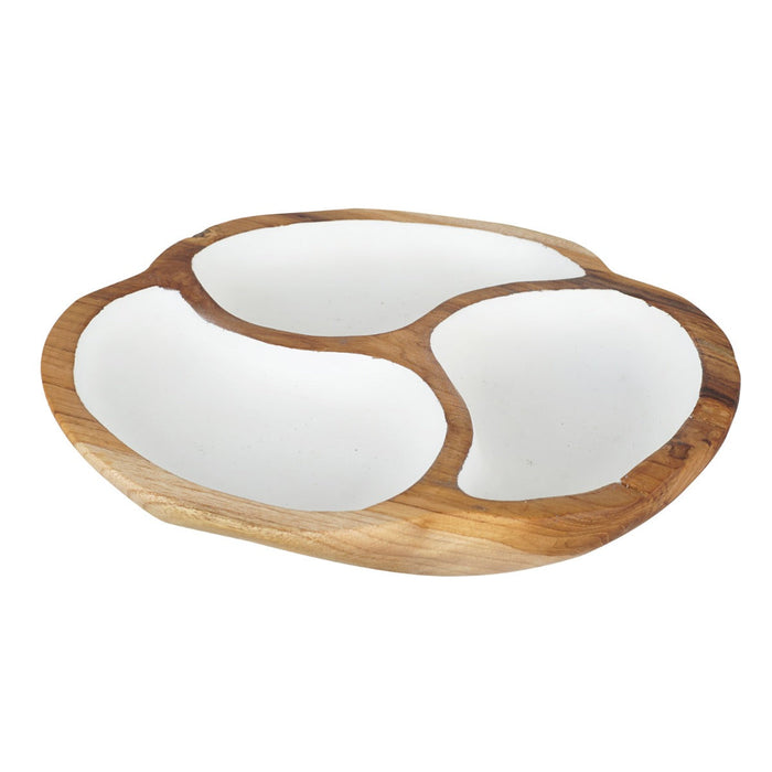 Side view of Teak bowl with 3 sections of white interior displayed on a white background