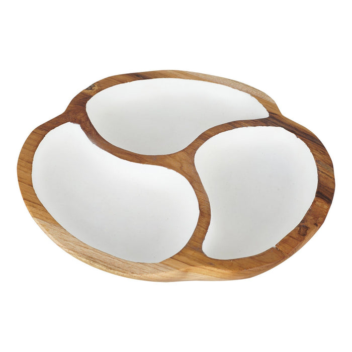 Teak bowl with 3 sections of white interior displayed on a white background