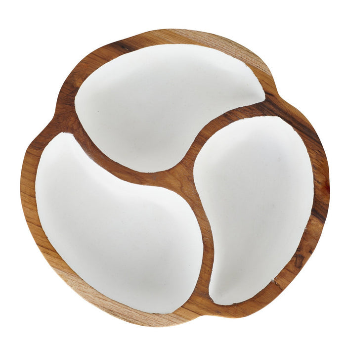 Top view of Teak bowl with 3 sections of white interior displayed on a white background