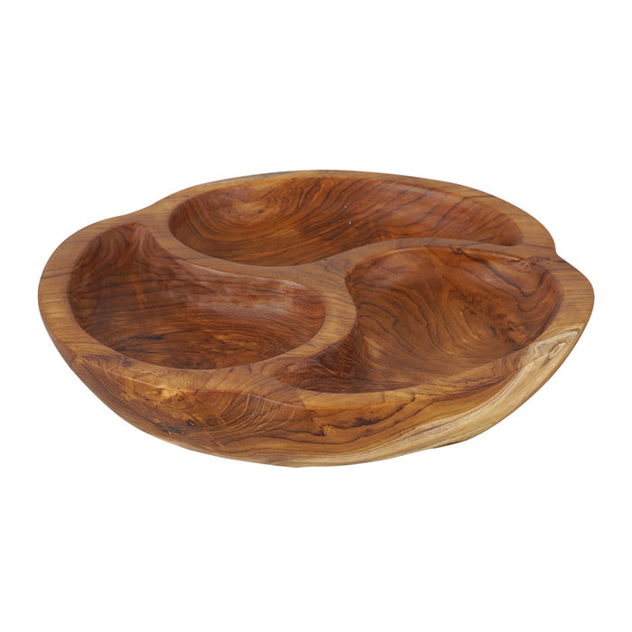Teak bowl with 3 sections displayed on a white background