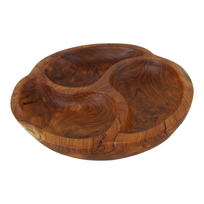 Teak bowl with 3 sections displayed on a white background