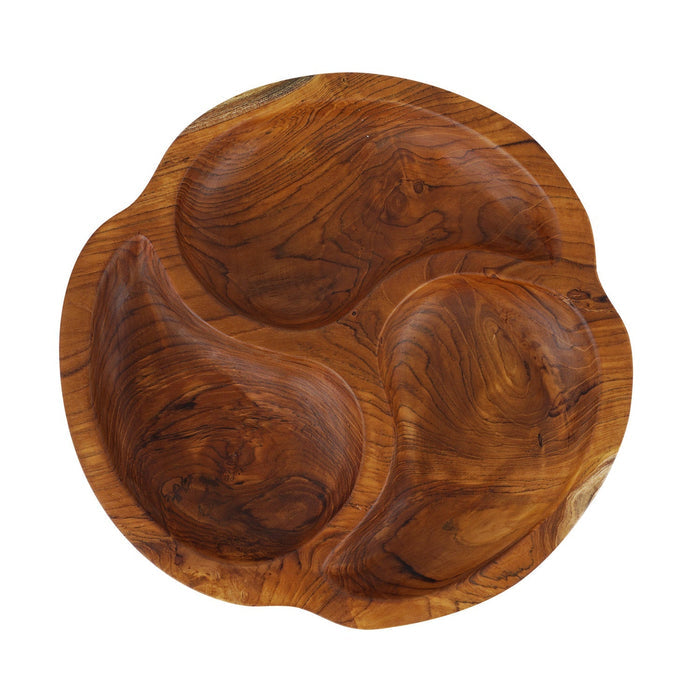 Top view of teak bowl with 3 sections displayed on a white background
