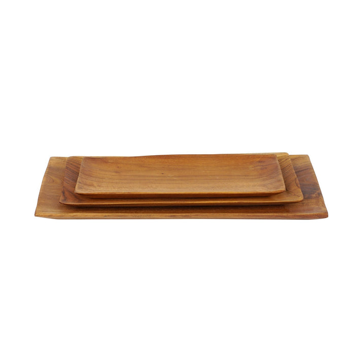 Front view of set of 3 Rico & Plato margot teak serving tray stacked on top of each other displayed on a white background
