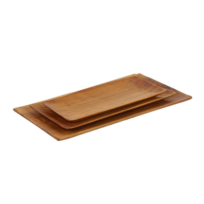Set of 3 Rico & Plato margot teak serving tray stacked on each other displayed on a white background