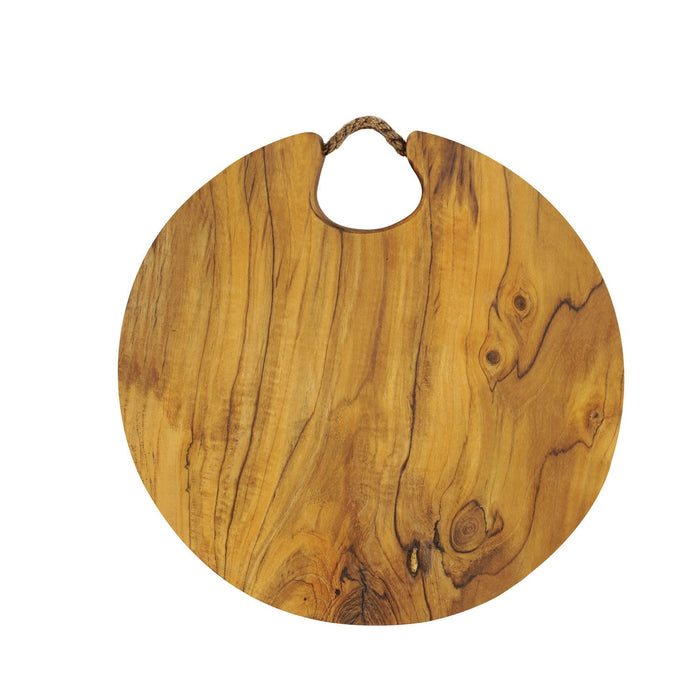 Front view of teak cutting board with rope handle displayed on a white background