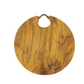 Front view of teak cutting board with rope handle displayed on a white background