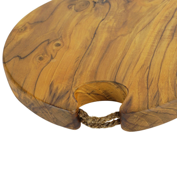 Teak cutting board with rope handle displayed on a white background