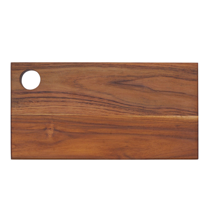 Top view of rectangle shaped teak cutting board/serving platter displayed on a white background
