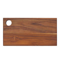 Top view of rectangle shaped teak cutting board/serving platter displayed on a white background