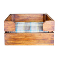 Rico & Plato max wooden pet bed with cushion inside meant for small sized dog breeds displayed on a white background