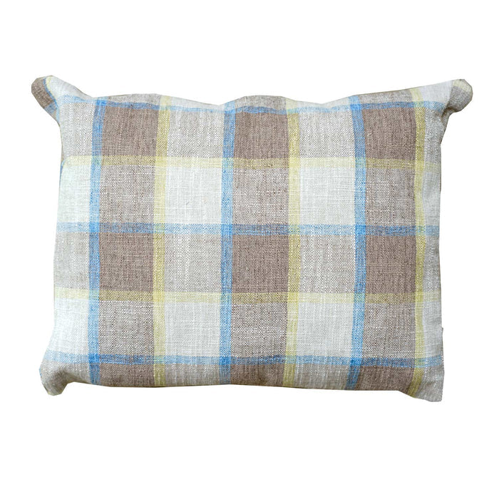 Checkered cushion for a wooden pet bed displayed on a white background