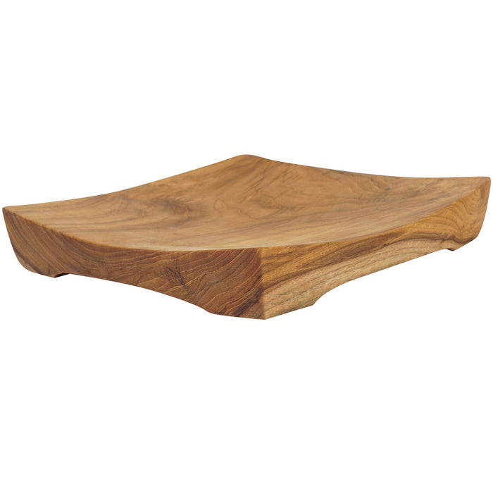Side view of Rico & Plato mick teak serving tray displayed on a white background