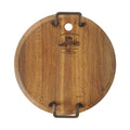 Top view of medium oak serving platter with metal handle displayed vertically on a white background