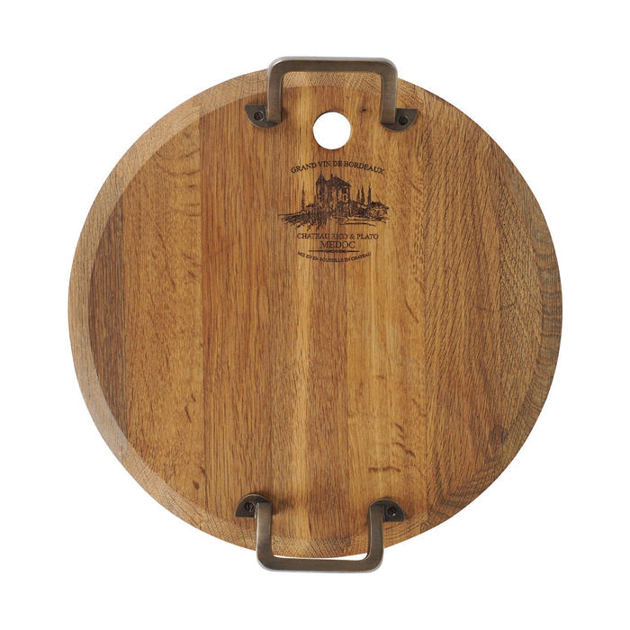 Top view of medium oak serving platter with metal handle displayed vertically on a white background