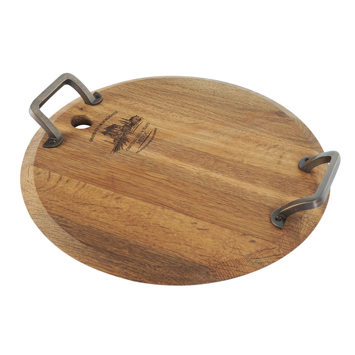 Medium oak serving platter with metal handles displayed on a white background