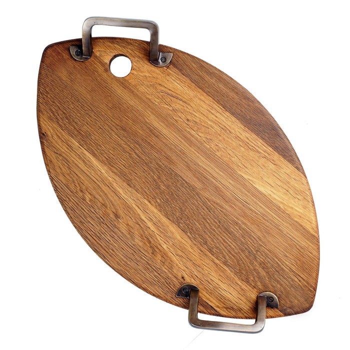 Oval shaped oak serving platter with metal handles displayed on a white background