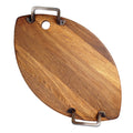 Oval shaped oak serving platter with metal handles displayed on a white background