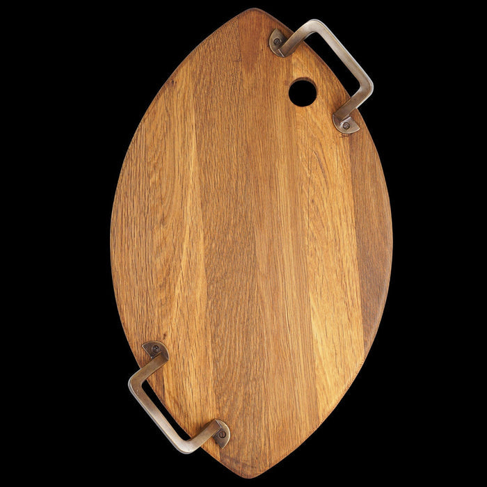 Top view of oval shaped oak serving platter with metal handles displayed vertically on a black background