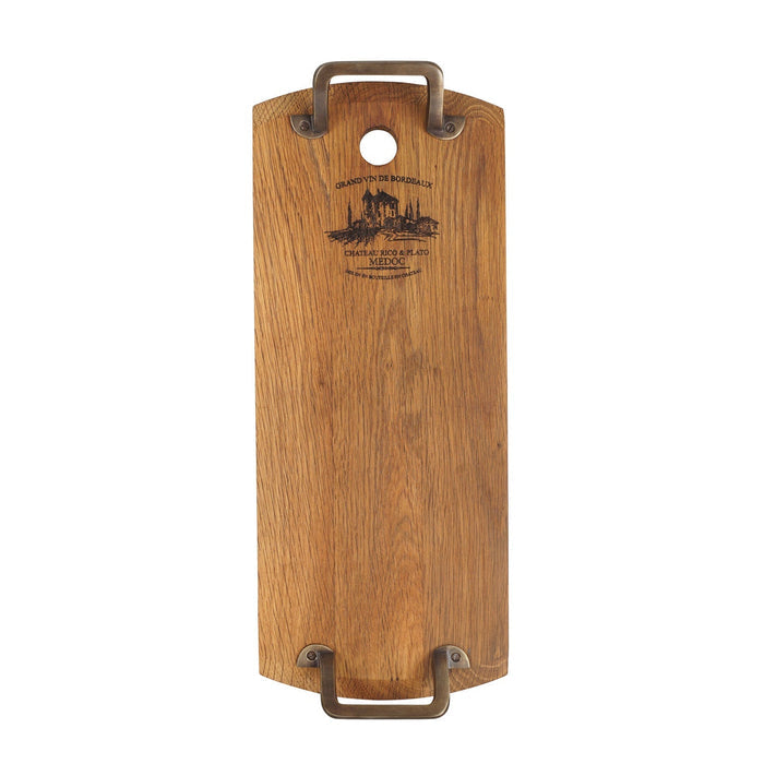 Rectangular oak serving platter with metal handles displayed vertically on a white background