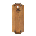 Rectangular oak serving platter with metal handles displayed vertically on a white background