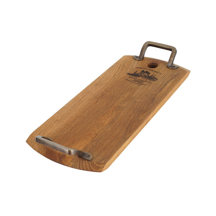 Rectangular oak serving platter with metal handles displayed on a white background