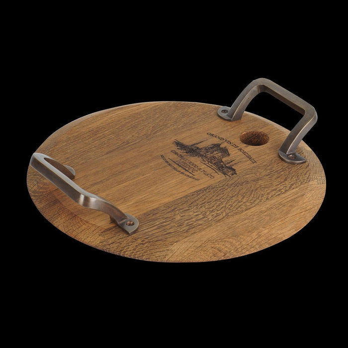 Small oak serving platter with metal handles displayed on a black background