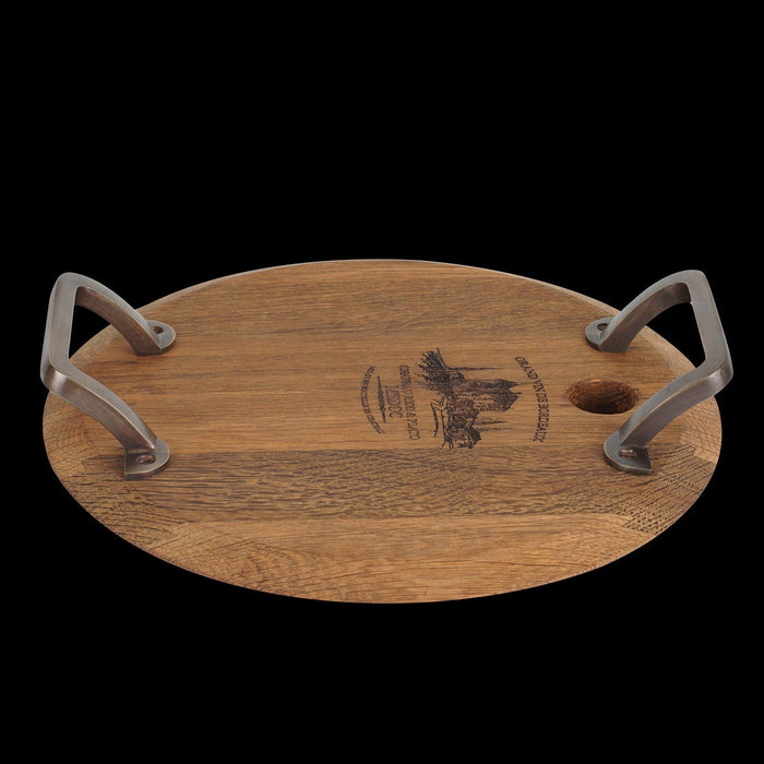 Small oak serving platter with metal handles displayed on a black background