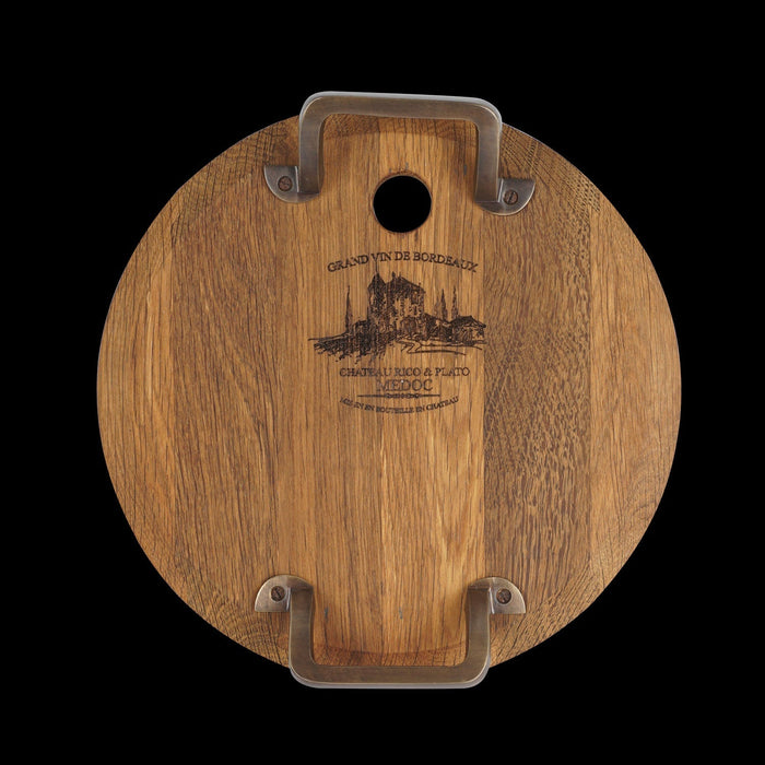 Top view of small oak serving platter with metal handles displayed on a black background