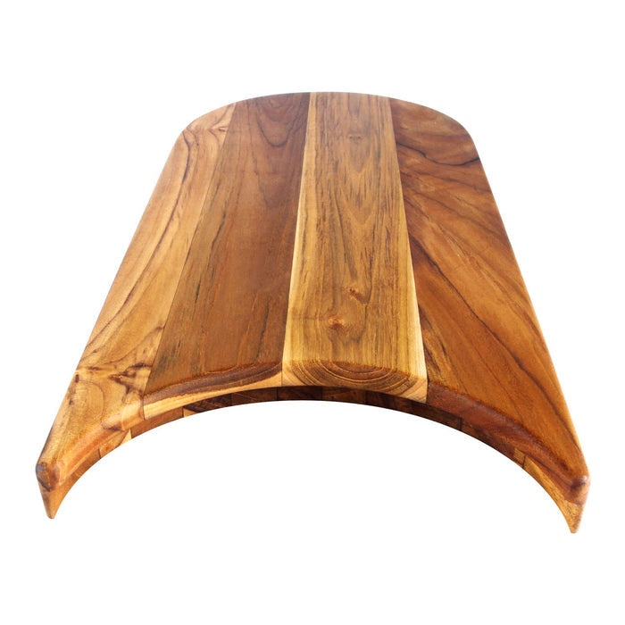 Teak cutting board with a plate cut out displayed on a white background