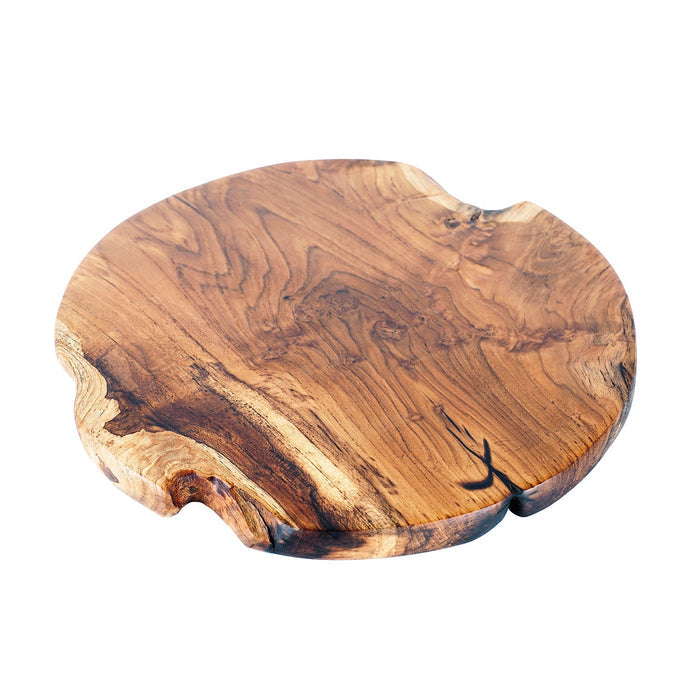 Teak pizza board displayed on a white background