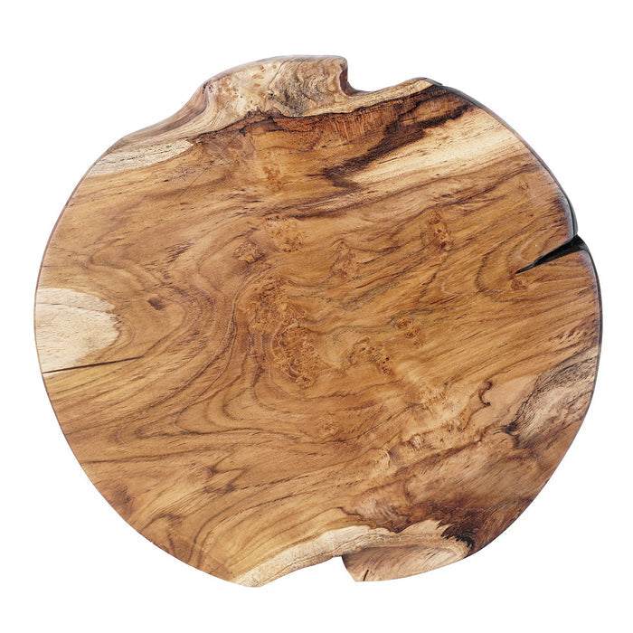 Top view of teak pizza board displayed on a white background