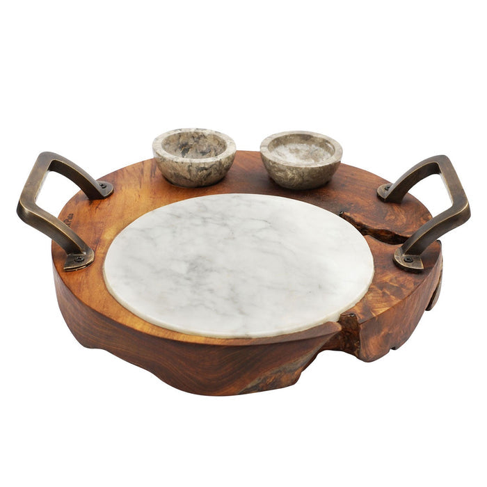 Rico & Plato mutsu teak sushi server with integrated handles and 2 marble pots displayed on a white background