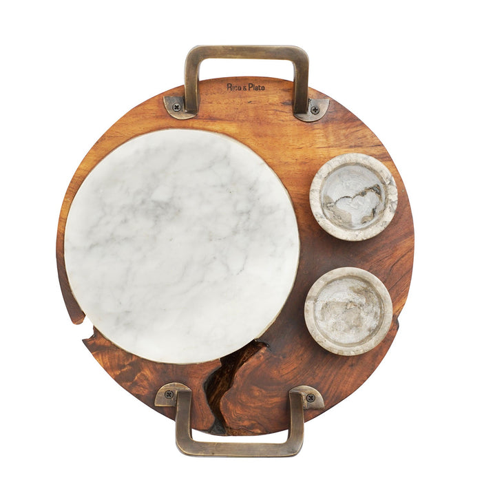 Top view of Rico & Plato mutsu teak sushi server with integrated handles and 2 marble pots displayed on a white background