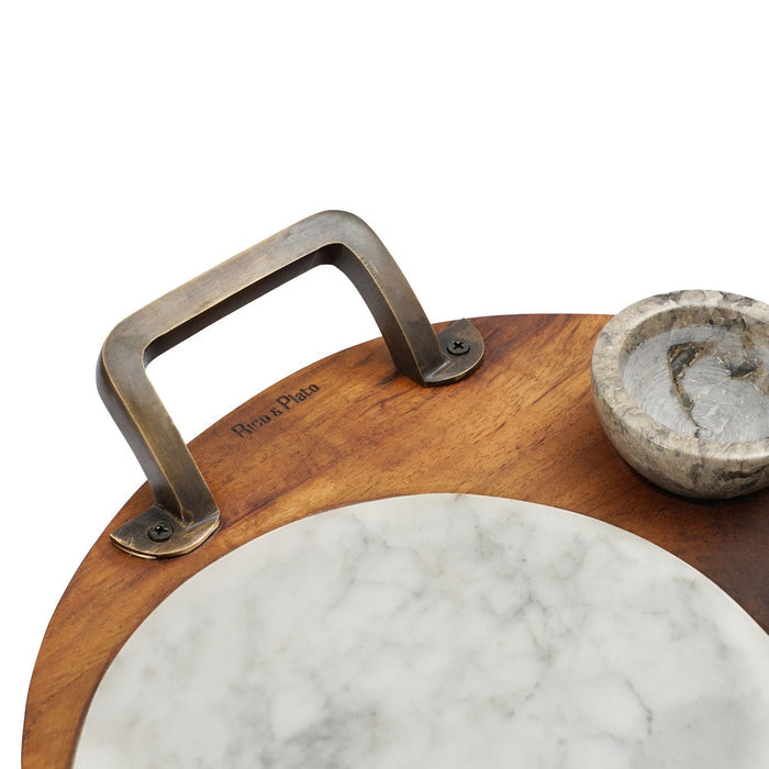Close up of iron handle and Rico & Plato logo on Rico & Plato mutsu teak sushi server with integrated handles and 2 marble pots displayed on a white background